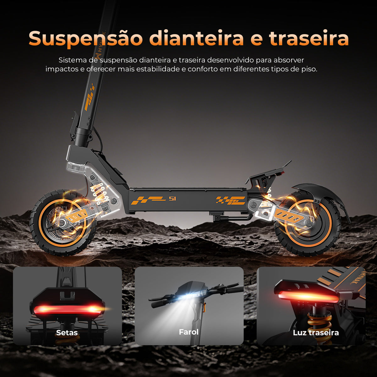 Patinete Elétrico Dobrável S1, 1000W, Suspensão Dianteira e Traseira, Pneus de 10”